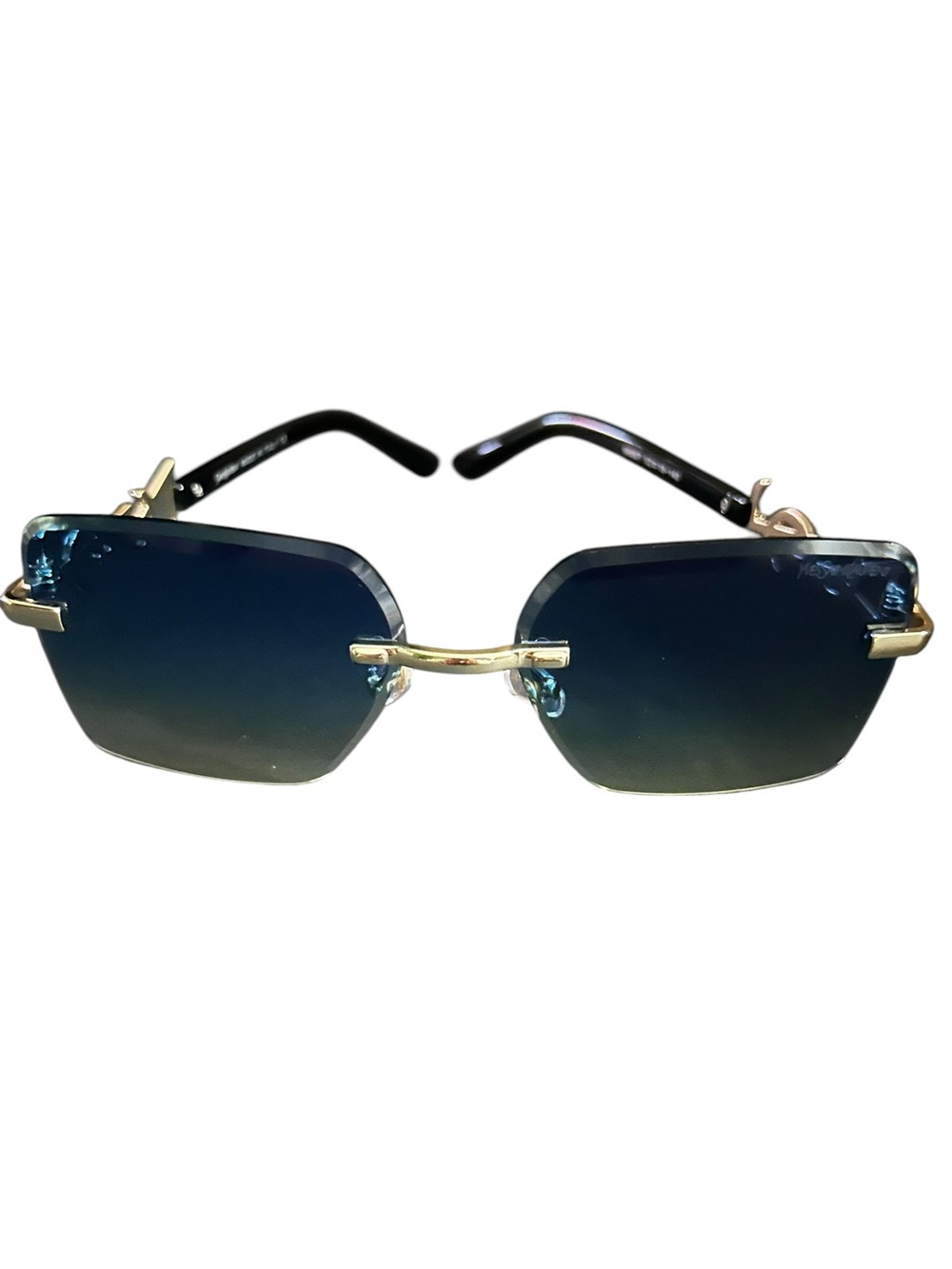 Rimless Blue Gradient Women’s Sunglasses with Gold Bridge